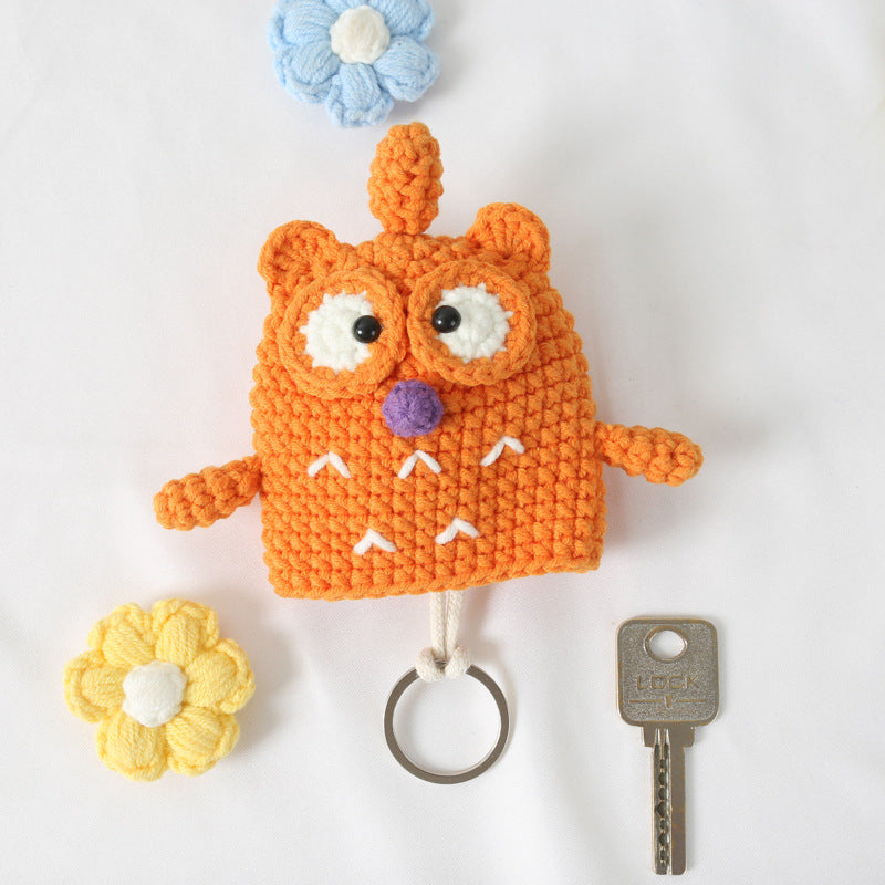 Cute Cartoon Owl Keychain Pouch Hand-Woven Cotton Bag