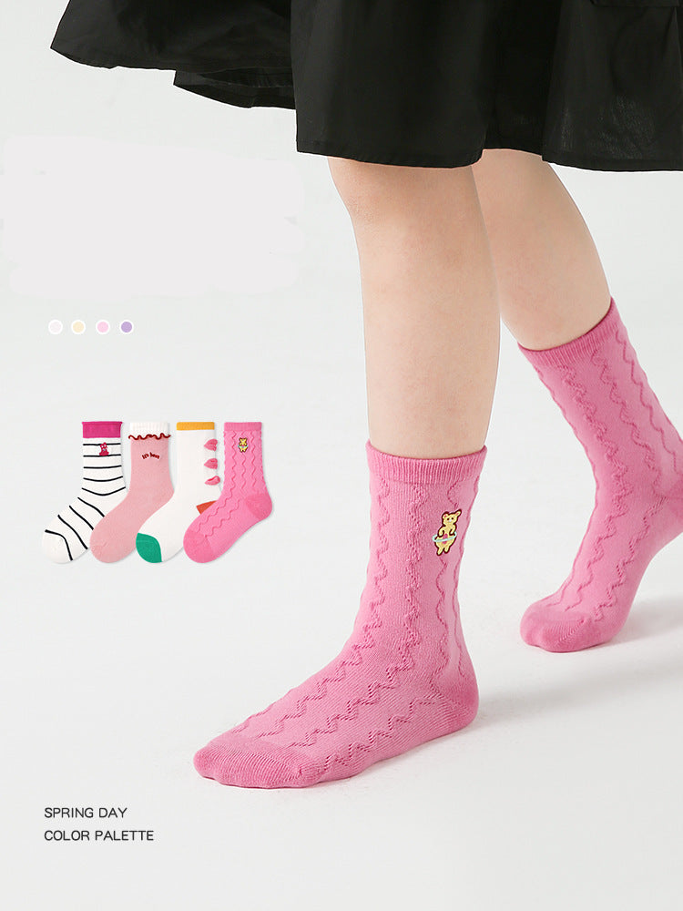 Kids Socks Mid Calf Striped Lace Cuff Breathable Cotton