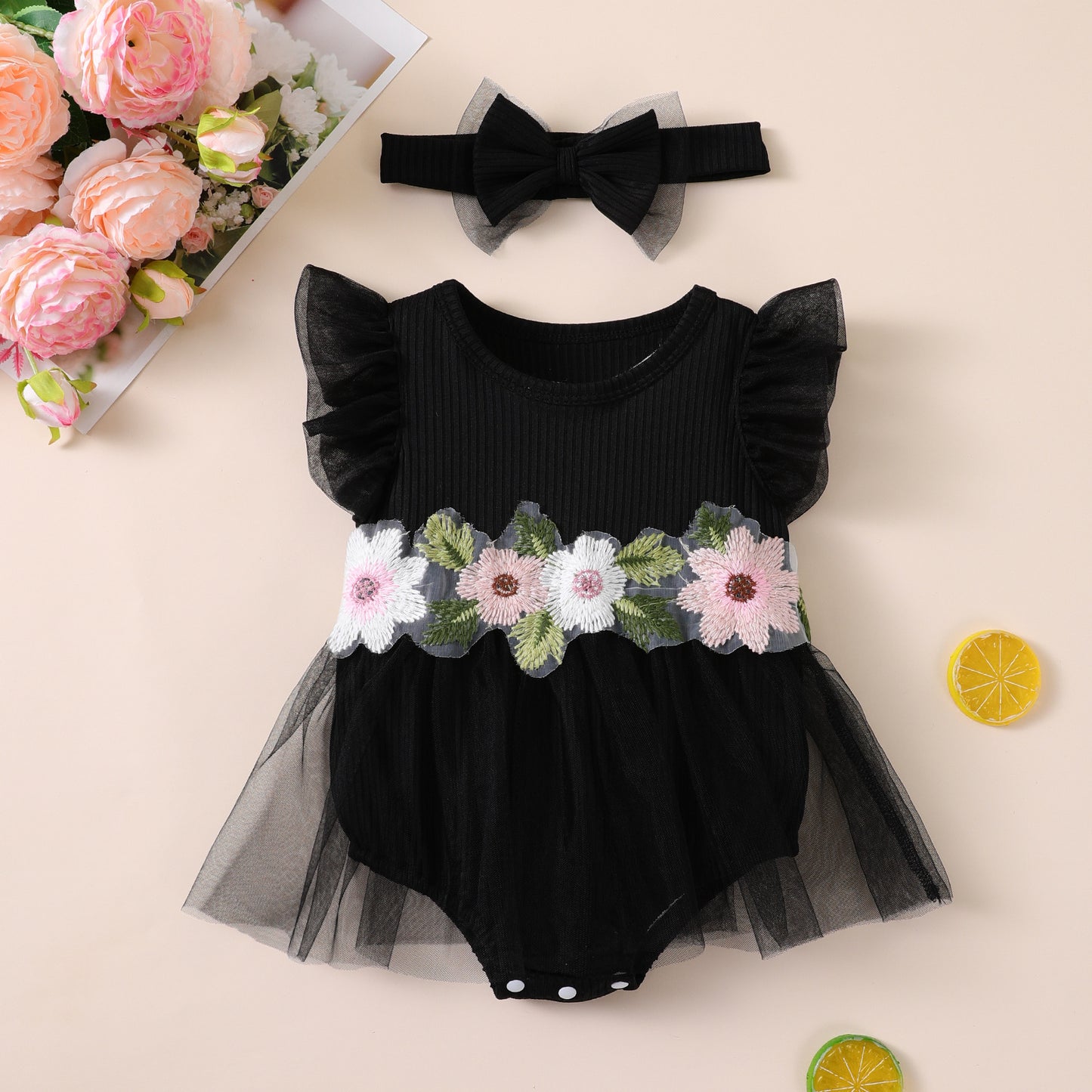 New Cute Floral Sleeve Baby Girl Mesh Romper Dress Set