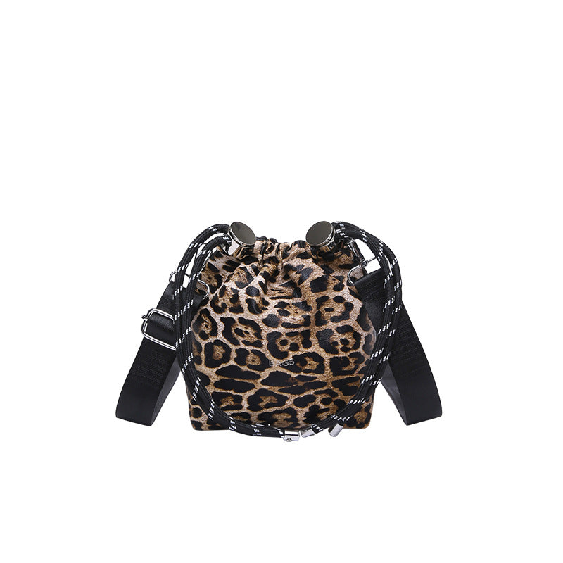 Trendy Drawstring Bucket Bag Leopard Print Mini Shoulder Bag