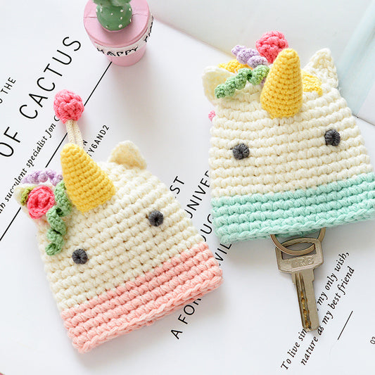 Cute Cartoon Knitted Keychain Pouch Unicorn Design for Girls