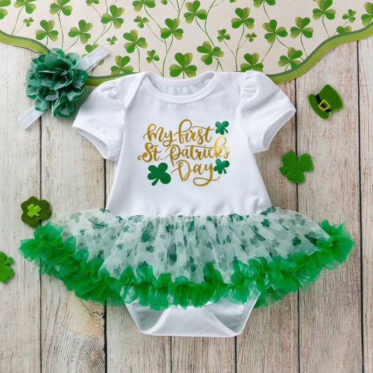 New St. Patrick's Day Infant Baby Girl Dress Bodysuit Set with Headband