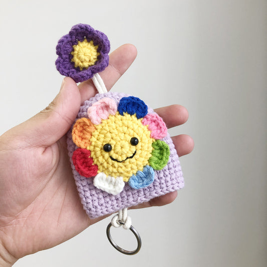 Colorful Hand-Knitted Key Pouch with Floral Design