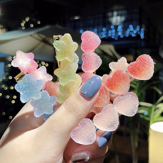 Rainbow Gummy Heart and Star Hair Clips for Girls