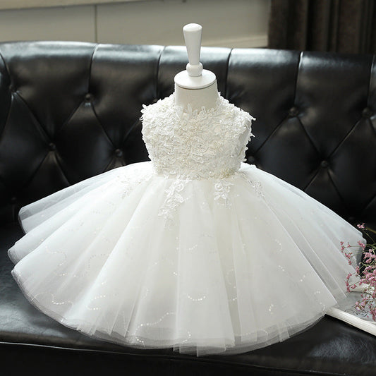 Girls' White Princess Dress with Lace Detail