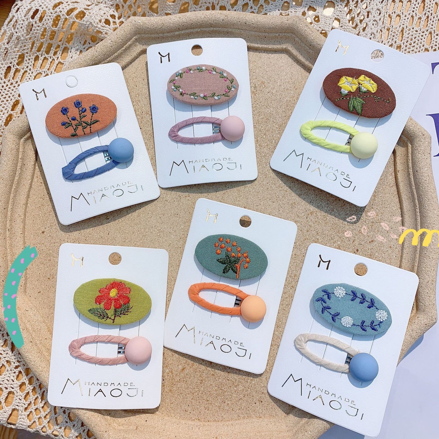 Vintage Embroidered Kids Hair Clips Set