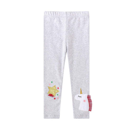 Girls Unicorn Embroidered Leggings Cotton Slim Fit Pants