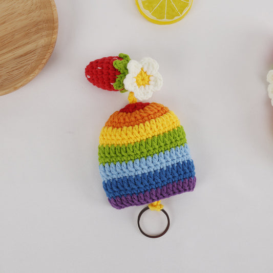 Colorful Rainbow Knitted Keychain Pouch Cute Strawberry Flower Key Holder