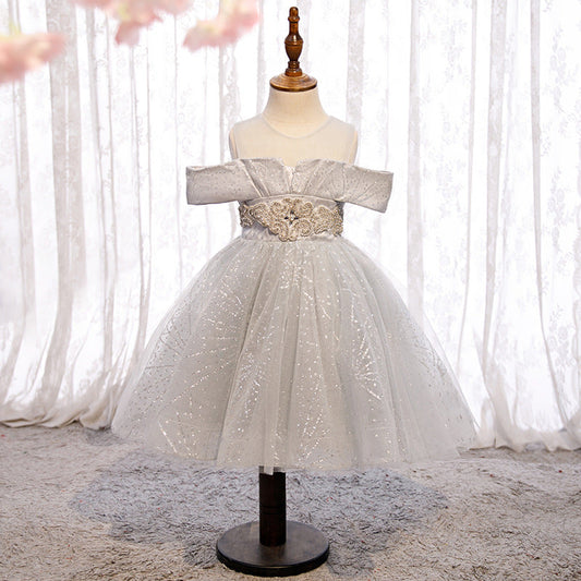 Girls' Light Gray Tulle Princess Birthday Dress
