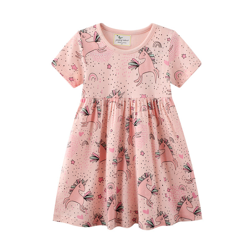 New Summer Short Sleeve Children Dress Cartoon Style Cotton