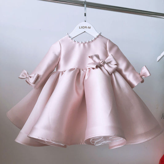 Girls' Pink Satin Long Sleeve Princess Formal Dress