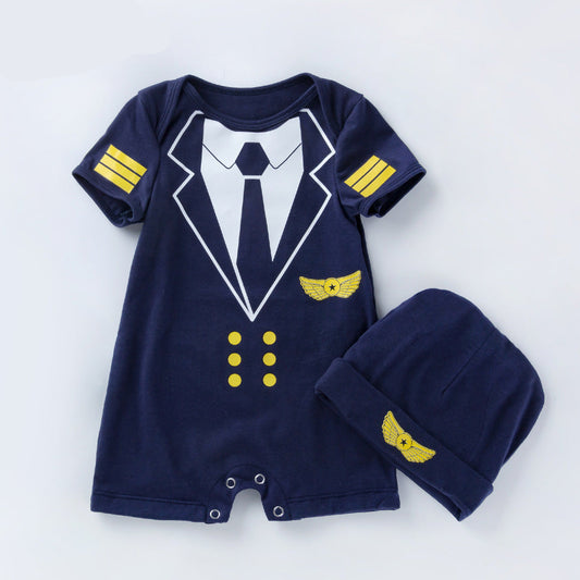 Baby Pilot Suit Outfit With Hat - Cotton Summer Short Sleeve Romper