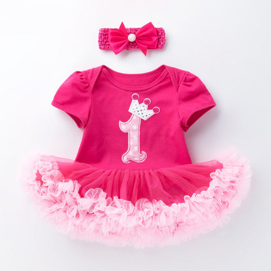 Summer Baby Girl Birthday Romper Dress Set with Headband