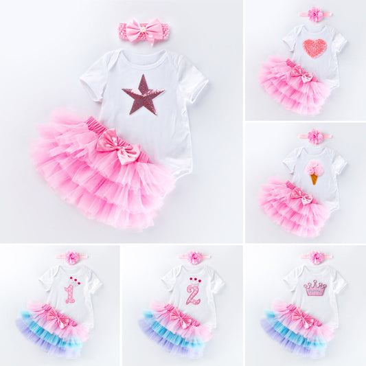 Girls' Birthday Dress Set with Lace & Bow - Cute Summer Outfit