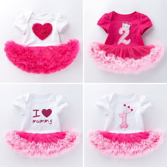 Summer Baby Dress Cartoon Patch Heart Cake Tulle Romper for Parties