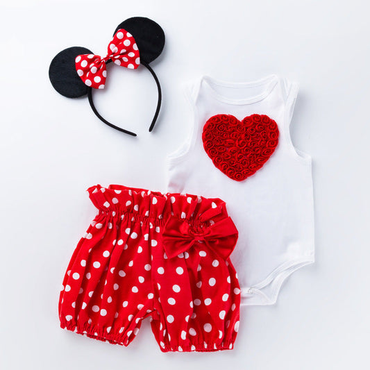 Baby Girls Cartoon Heart White Sleeveless Bodysuit Shorts Set