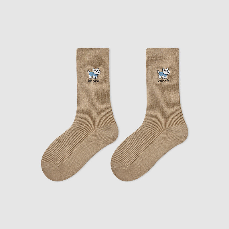 Kids Mid Calf Animal Embroidered Cotton Socks