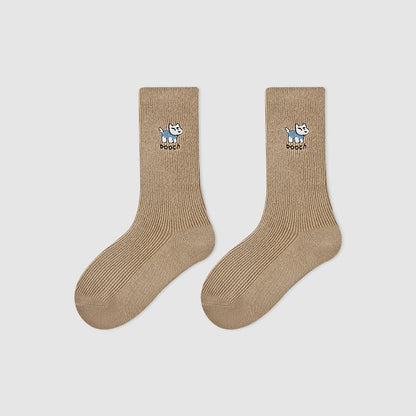 Kids Mid Calf Animal Embroidered Cotton Socks