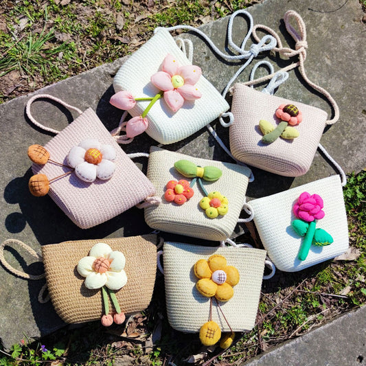 Woven Straw Crossbody Bag for Girls with Cute Flower and Bow Design