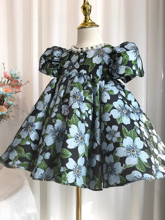 Girls' Floral Lace Bubble Sleeve Princess Gown