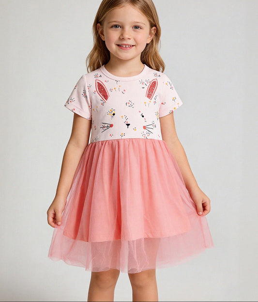 Stylish Cartoon Flower Mesh Dress for Girls