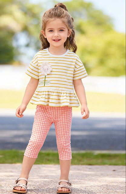 Striped Floral Cotton Two-Piece Set for Girls