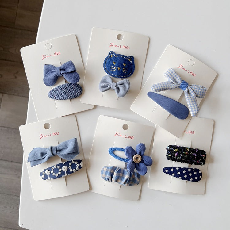 Cute Blue Cat Bow Hair Clips Fabric Accessories for Kids
