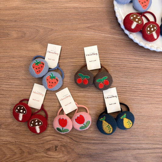 Kids Fruit Embroidered Hair Ties Soft Fabric Hair Accessories