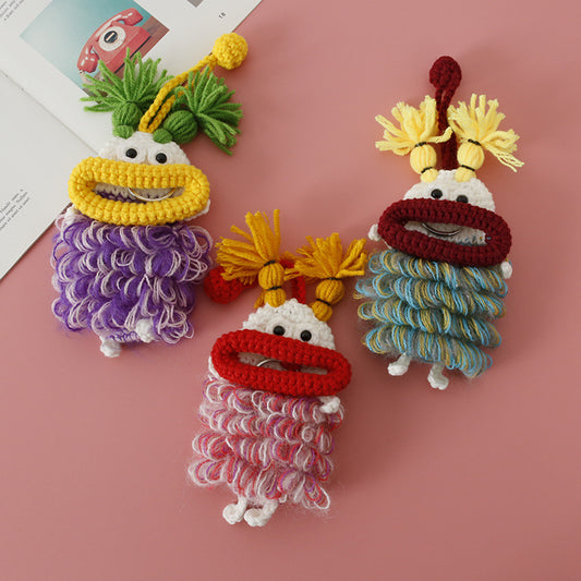 Cute Cartoon Handmade Knitted Key Pouch with Woven Design
