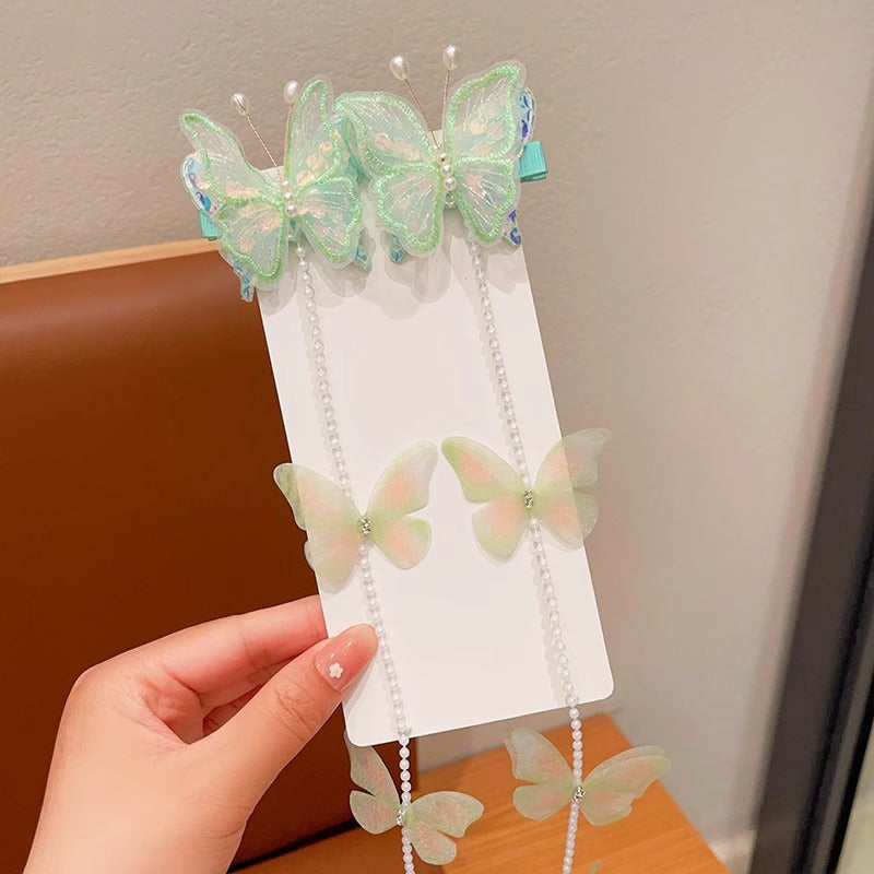 Children's Butterfly Pearl Hair Clips with Tassels