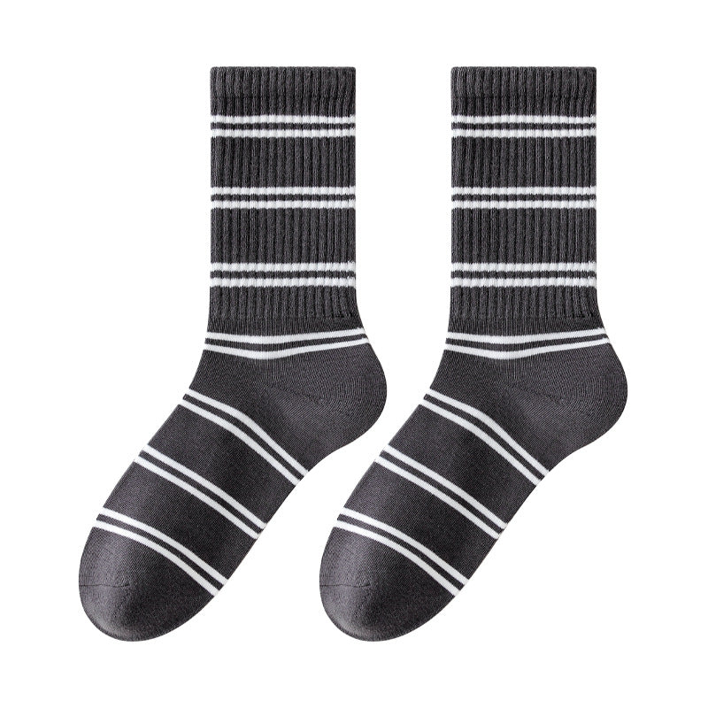 Retro Striped Cotton Mid-Calf Socks for Women