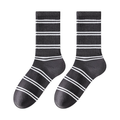 Retro Striped Cotton Mid-Calf Socks for Women