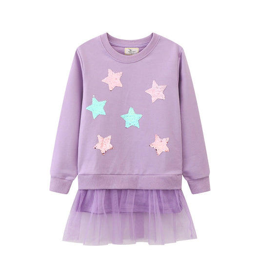Kids' Long Sleeve Cotton A-Line Dress with Cartoon Print