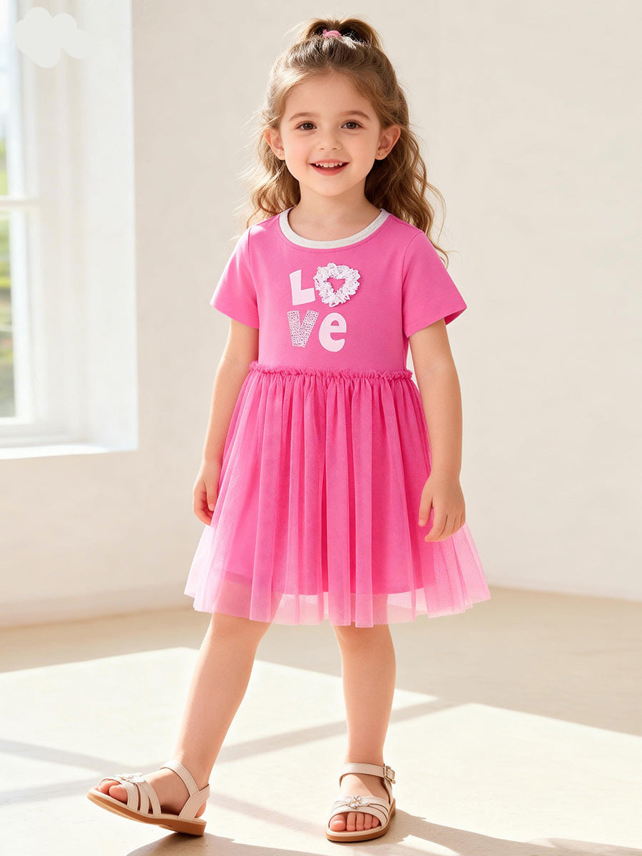 Girls' Summer Short Sleeve Tulle Dress Cute Princess Style