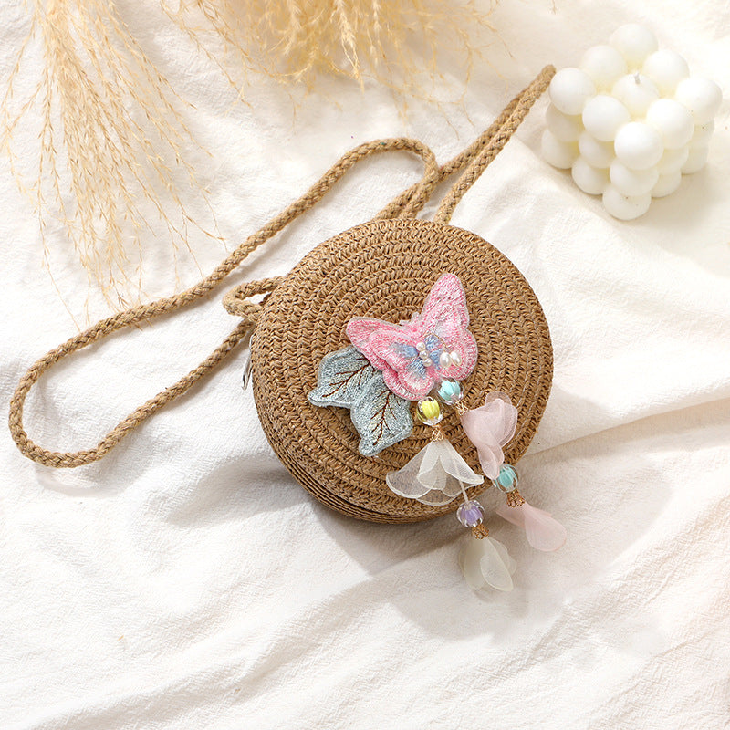 Woven Beach Bag with Butterfly Tassels for Girls