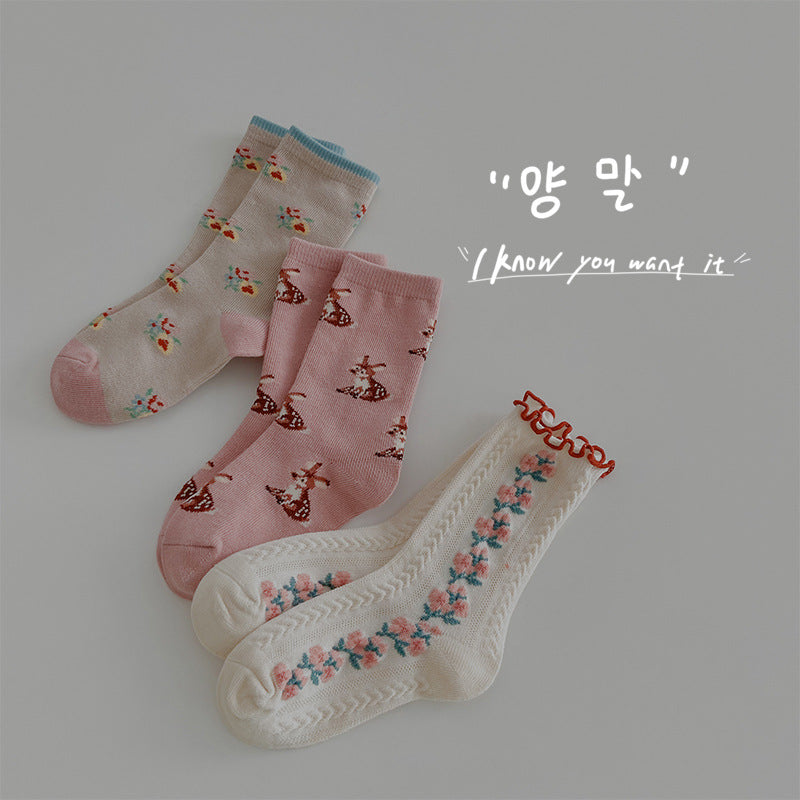 Girls Cotton Floral Ruffle Mid Calf Breathable Socks