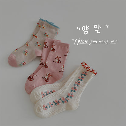Girls Cotton Floral Ruffle Mid Calf Breathable Socks