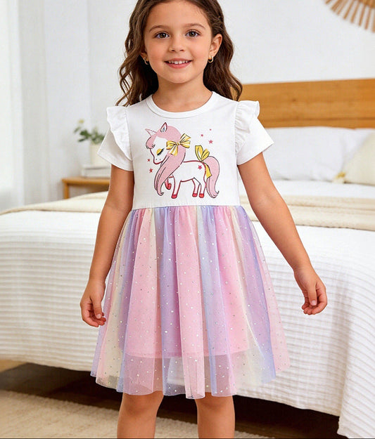 Rainbow Mesh Unicorn Print Dress for Girls