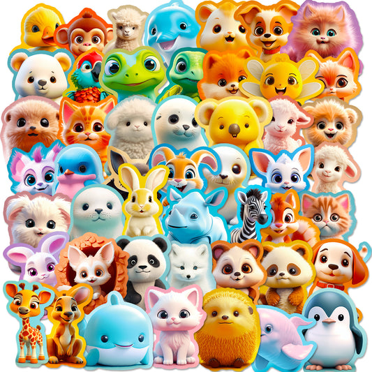 3D Animal Stickers 50 Pack Cute Cartoon Paper Decals