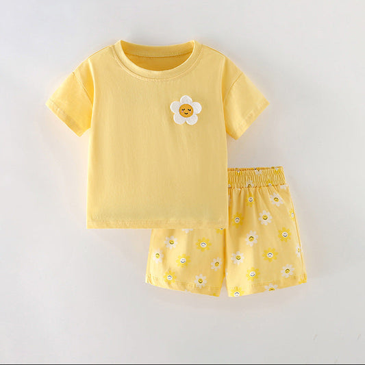 Girls' Cute Animal Print Cotton T-Shirt and Shorts Set