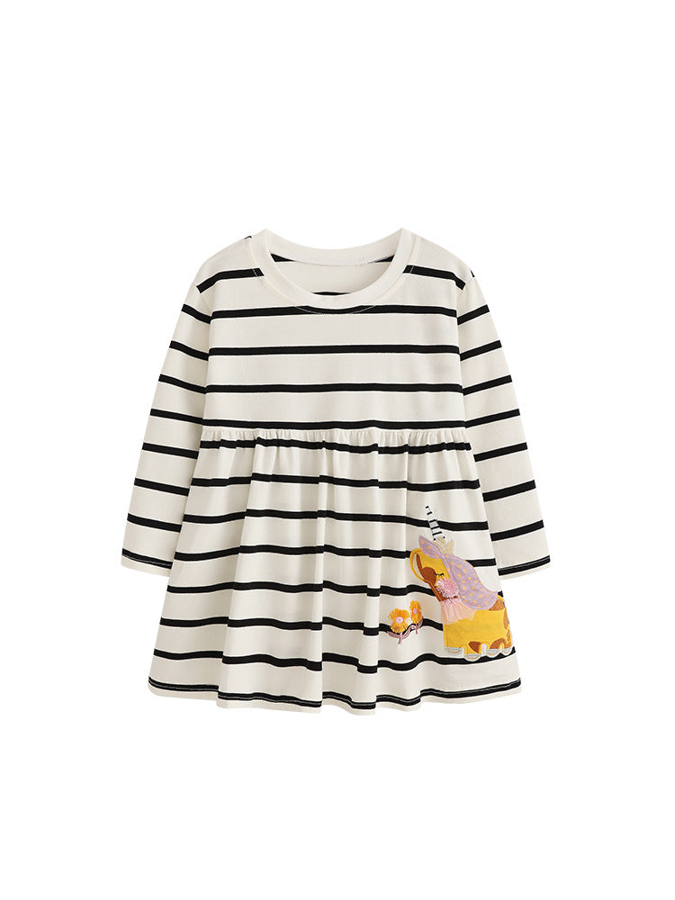 Girls' Striped Long Sleeve Dress Soft Cotton Princess Dress