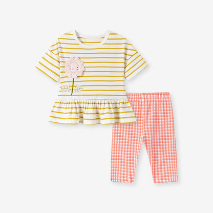 Striped Floral Cotton Two-Piece Set for Girls