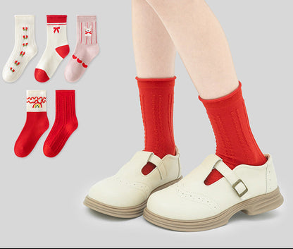 Red Floral Pattern Mid-Calf Cotton Socks for Kids