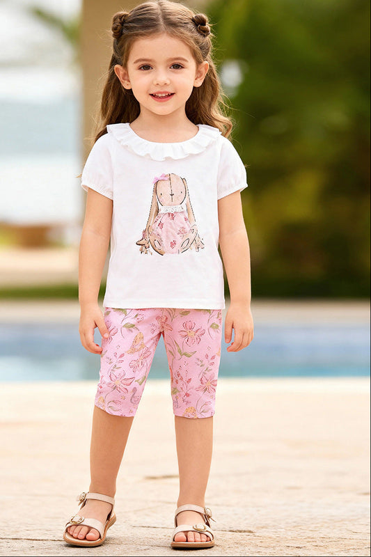 Cartoon Print Summer Outfit For Girls Poly Cotton Two-Piece Set
