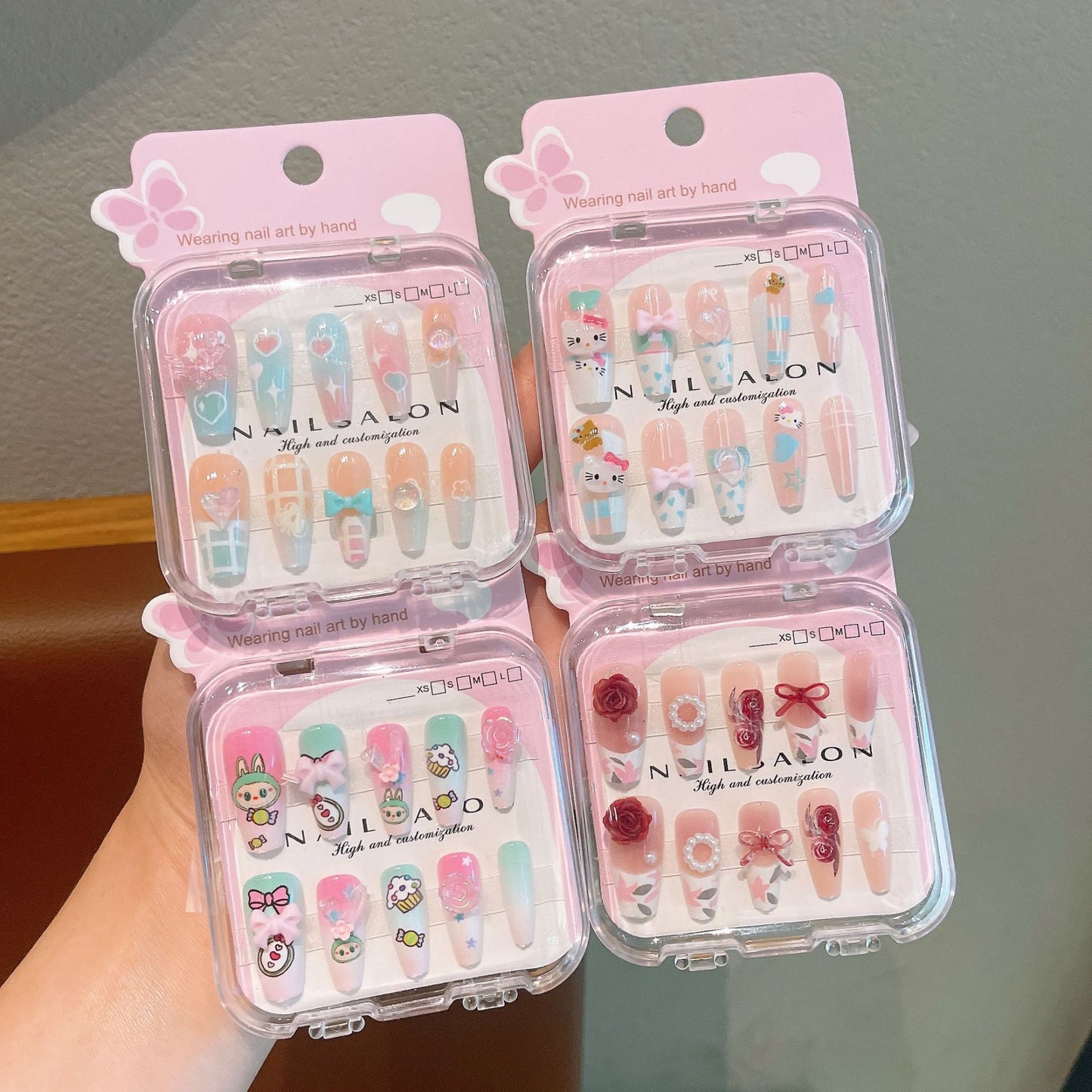 Cute Cartoon Long Nail Stickers with Heart Bow for Kids