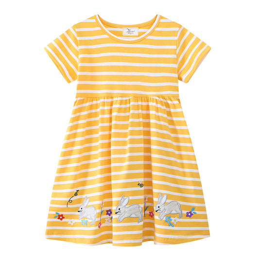Girls' Summer Princess Dress with Cartoon Embroidery Cotton Fabric