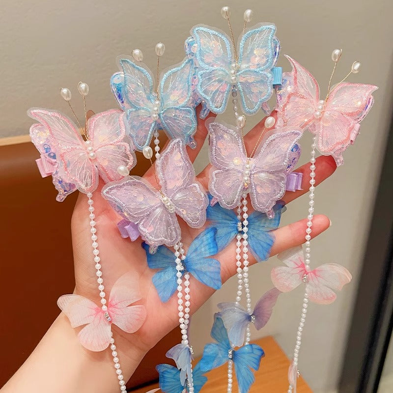 Children's Butterfly Pearl Hair Clips with Tassels