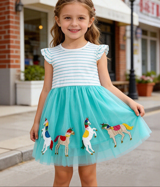 Unicorn Embroidered Tulle Dress for Girls
