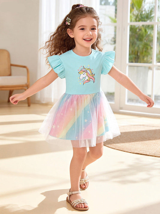 Summer Short Sleeve Mesh Dress Cute Cartoon Princess Dress
