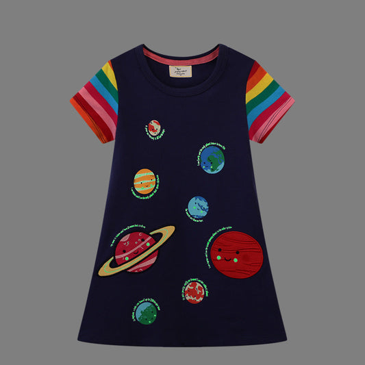 Space Planet Design Kids Dress Soft Cotton Summer Dress